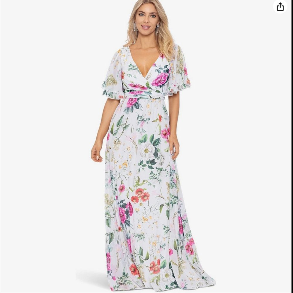 Betsy & Adam Long chiffon Floral Flare Sleeve Dress ruffled white/Multi New 6 M